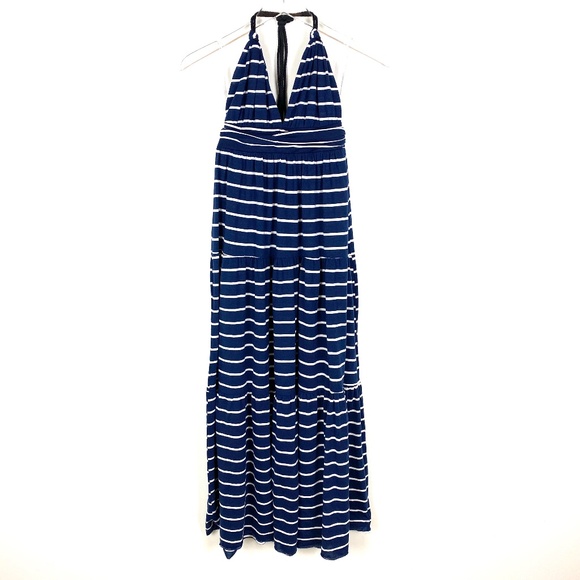Tbags LA Maxi Dress Striped Navy Blue White Halter Plunge V Neck Size XS - Picture 1 of 13